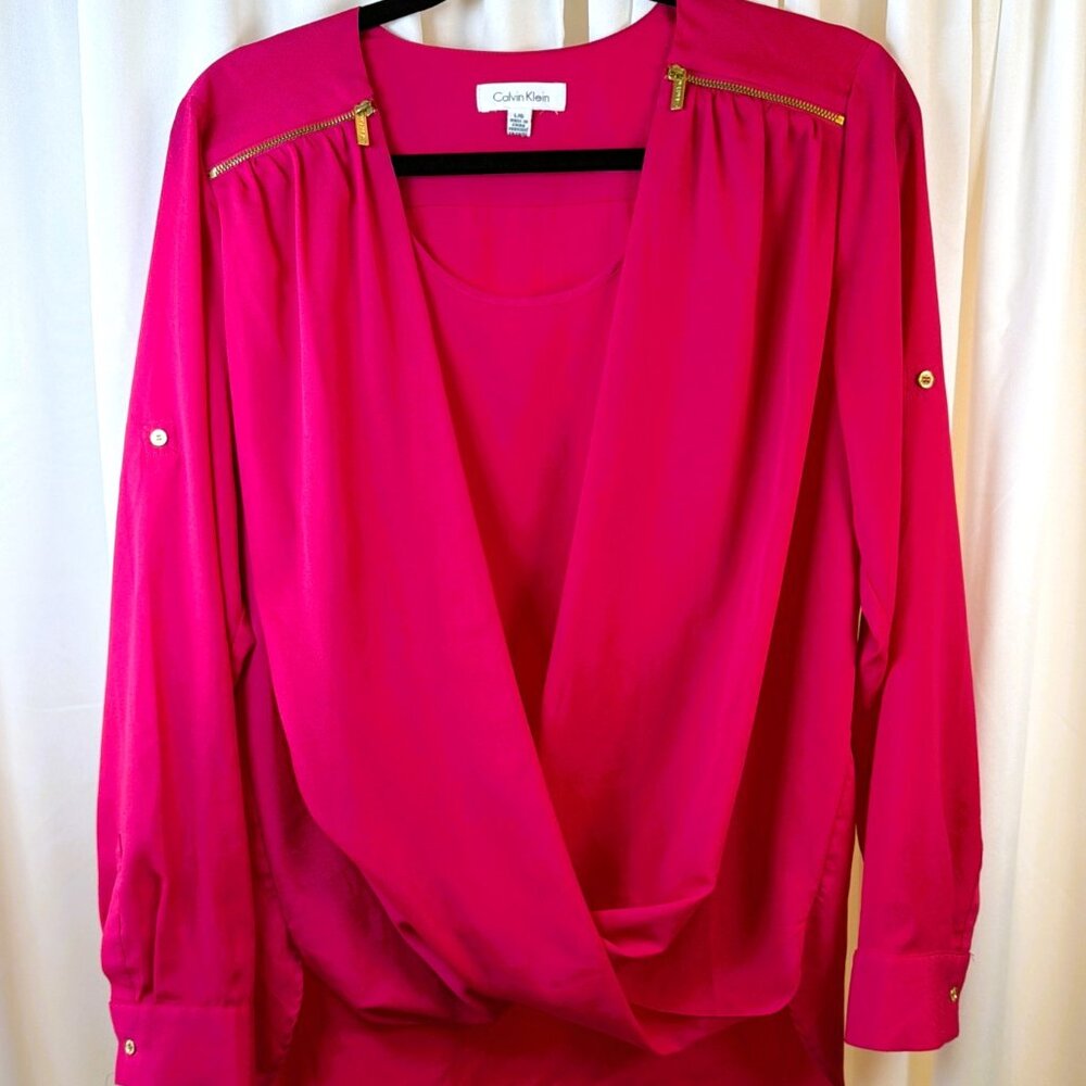 Women's Calvin Klein Long Sleeve Pink Drape Blouse Size Large